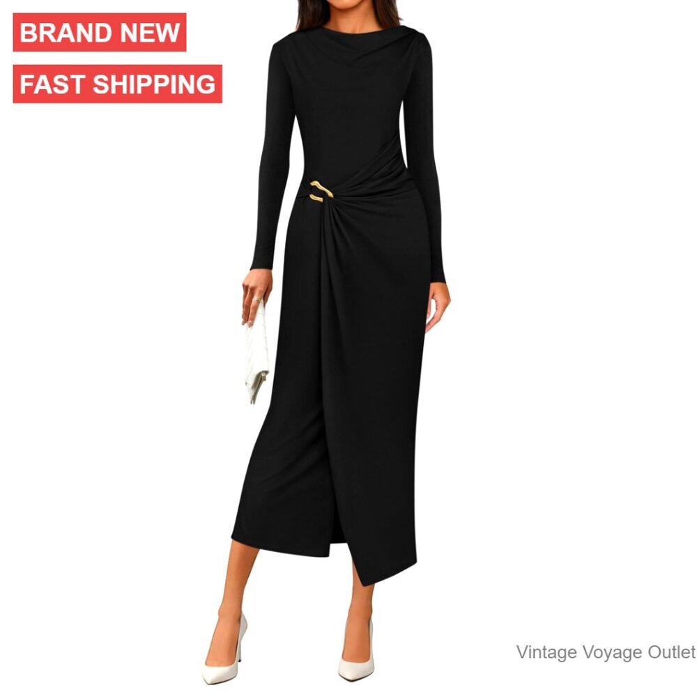 Long Sleeve Bodycon Midi Dress Ruched Waist Cowl Neck Wedding Guest